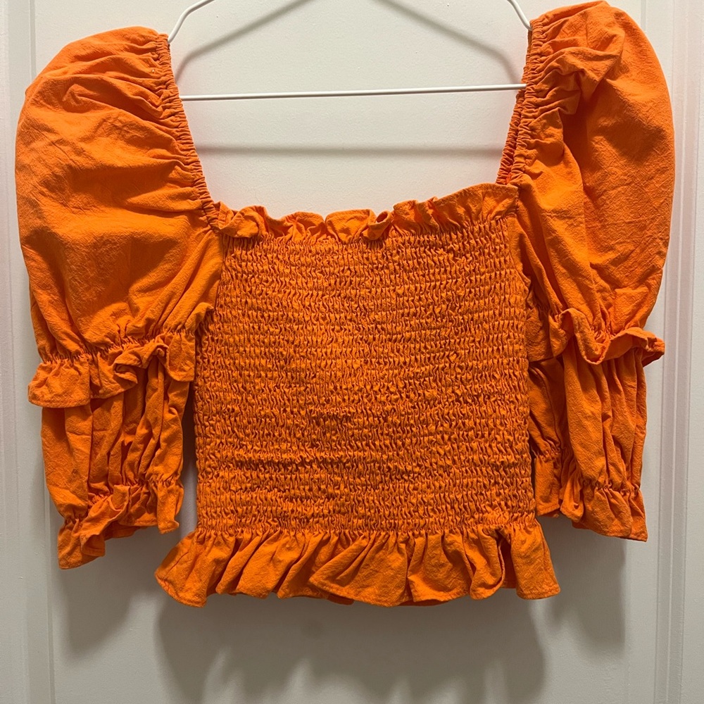 Orange Smocked Puff Sleeve Women's Top